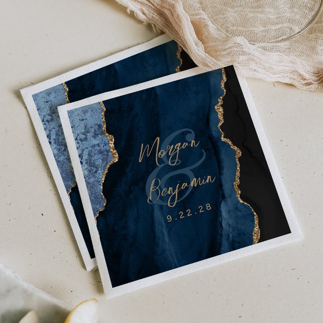 Navy Blue Agate Gold Script Wedding Napkins (Creator Uploaded)