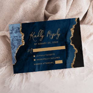 Navy Blue Agate Gold Script Wedding RSVP Card