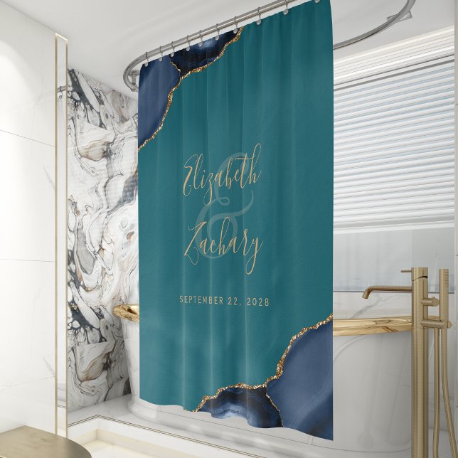 Navy Blue Agate Gold Teal Personalized Wedding Shower Curtain (Creator Uploaded)