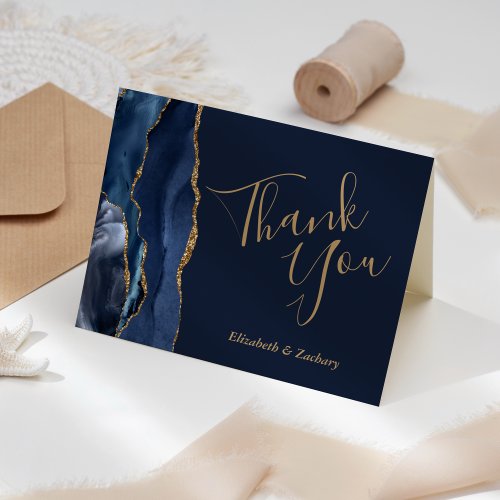 Navy Blue Agate Gold Wedding Thank You Card