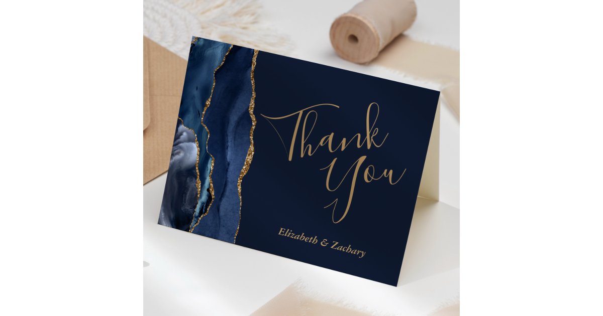 Navy Blue Agate Gold Wedding Thank You Card | Zazzle