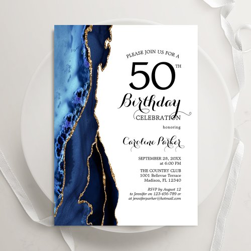 Navy Blue Agate Gold White 50th Birthday Invitation