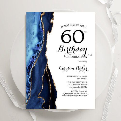 Navy Blue Agate Gold White 60th Birthday Invitation