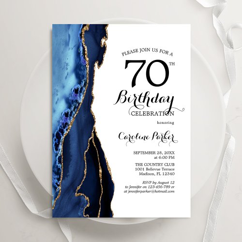 Navy Blue Agate Gold White 70th Birthday Invitation