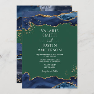 Navy Blue Agate Green Wedding Invitation