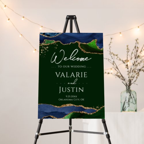 Navy Blue Agate Green Wedding Welcome Sign