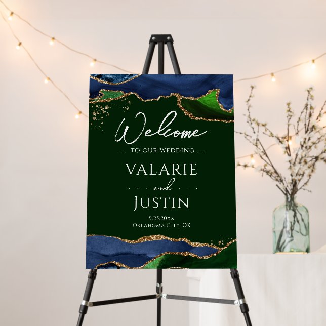 Navy Blue Agate Green Wedding Welcome Sign (In Situ (Stand))