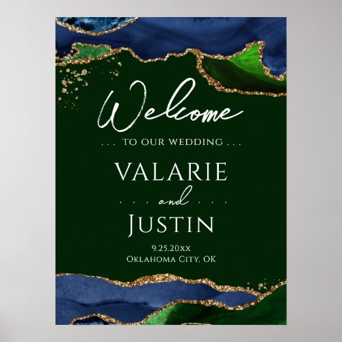 Navy Blue Agate Green Wedding Welcome Sign