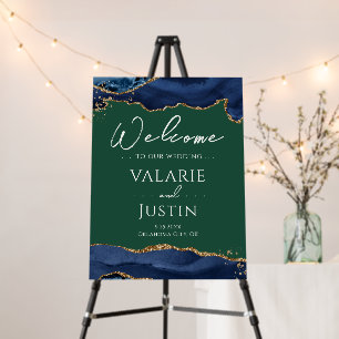 Navy Blue Agate Green Wedding Welcome Sign