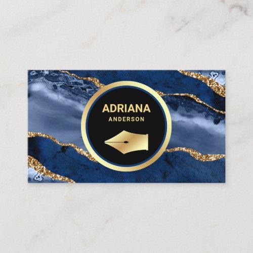 Navy Blue Agate Lawyer Attorney Gold Pen Nib Business Card