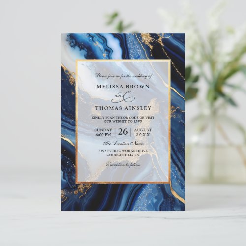 Navy Blue Agate Marble Budget QR Code Wedding Invitation