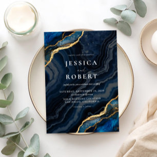 Navy Blue Agate Marble Elegant Wedding Invitation