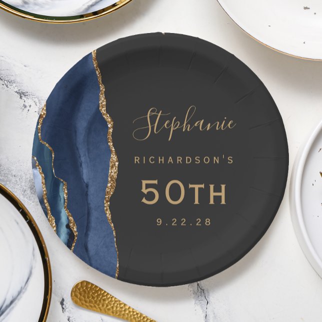 Navy Blue Agate Marble Gold Dark 50th Birthday Paper Plates (Creator Uploaded)