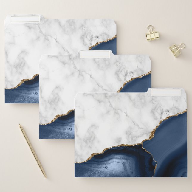 Navy Blue Agate Marble Gold Glitter File Folder (Set)