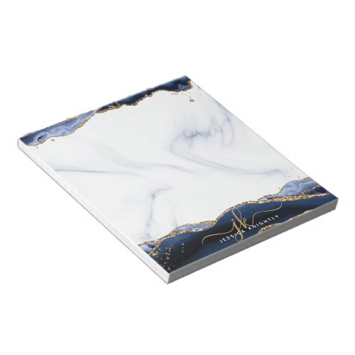 Navy Blue Agate Marble Gold Glitter Monogram Notepad