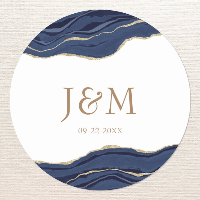 Navy Blue Agate Marble Gold Glitter Wedding Classi Classic Round Sticker (Creator Uploaded)