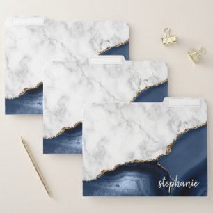 Navy Blue Agate Marble Gold Monogram File Folder