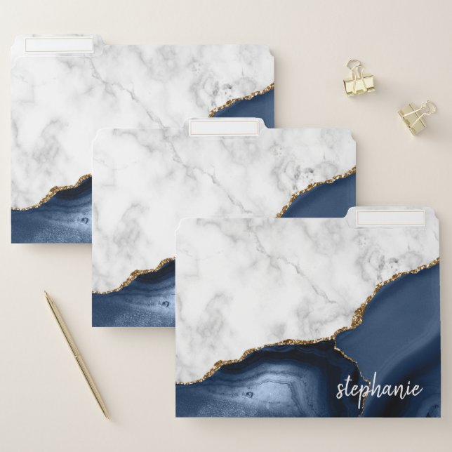 Navy Blue Agate Marble Gold Monogram File Folder (Set)