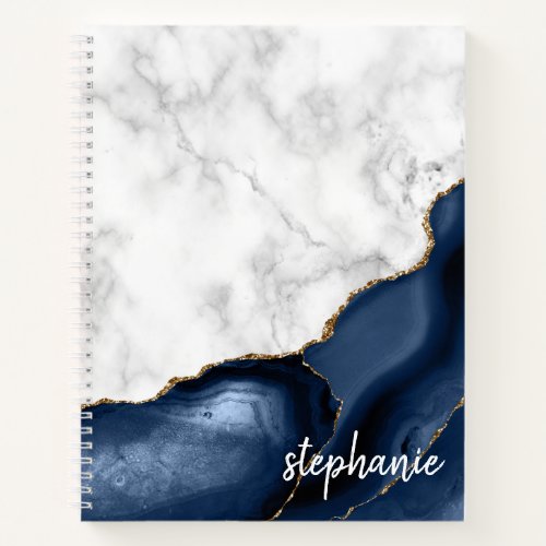 Navy Blue Agate Marble Gold Monogram Notebook