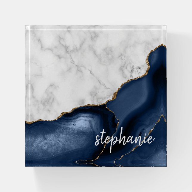 Navy Blue Agate Marble Gold Monogram Paperweight (Front)