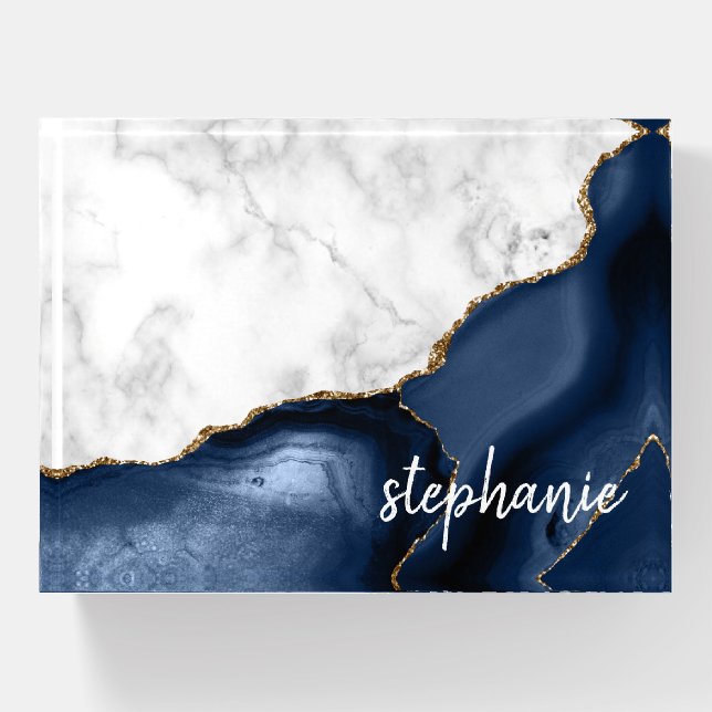 Navy Blue Agate Marble Gold Monogram Paperweight (Front)