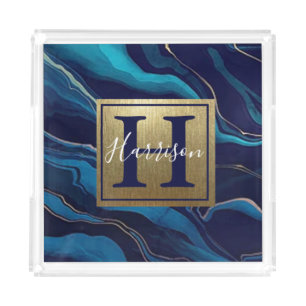 Navy Blue Agate Marble Gold Name and Monogram   Acrylic Tray