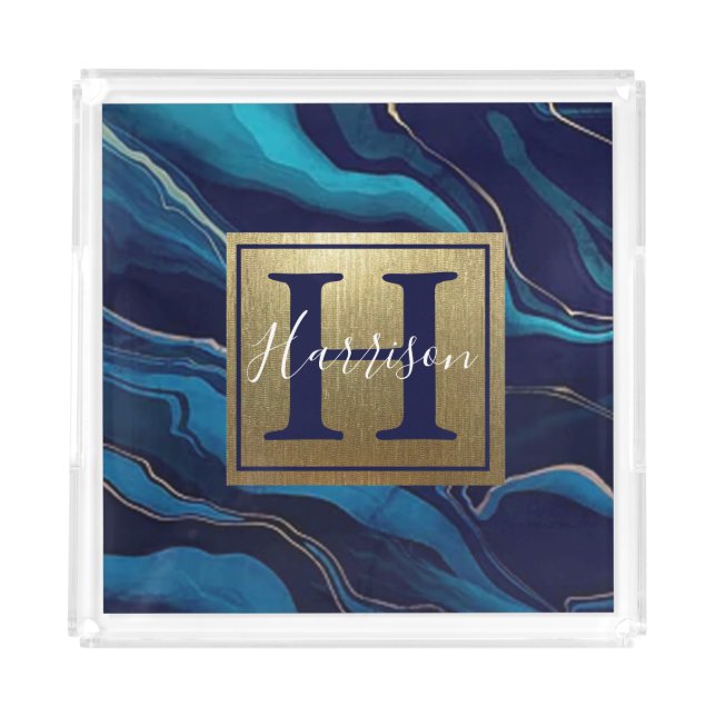 Navy Blue Agate Marble Gold Name and Monogram   Acrylic Tray (Front)