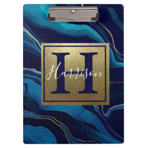 Navy Blue Agate Marble Gold Name and Monogram  Clipboard