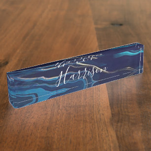 Navy Blue Agate Marble Gold Name and Monogram Desk Name Plate