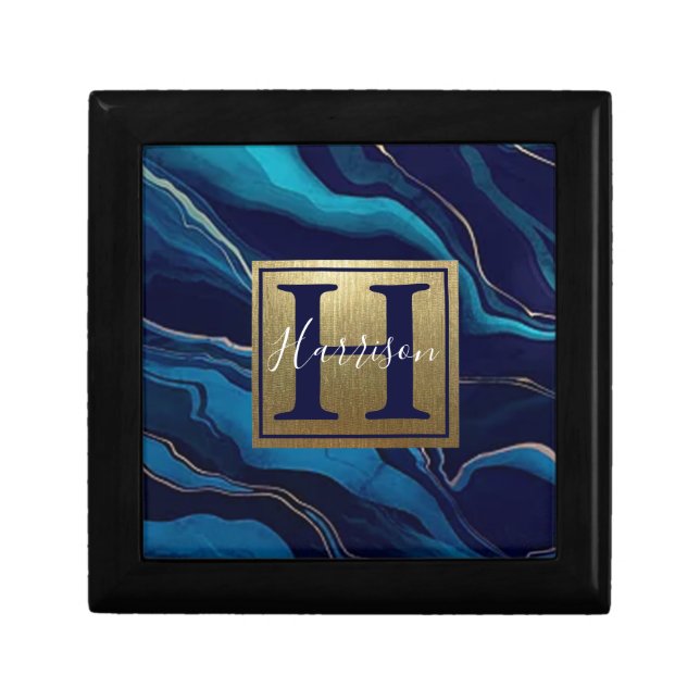 Navy Blue Agate Marble Gold Name and Monogram  Gift Box (Front)