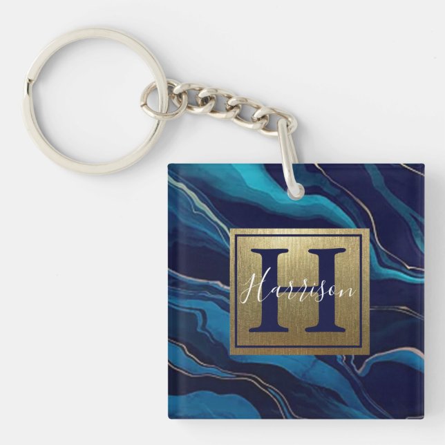 Navy Blue Agate Marble Gold Name and Monogram  Keychain (Front)