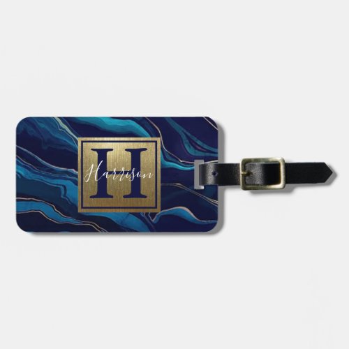 Navy Blue Agate Marble Gold Name and Monogram  Luggage Tag