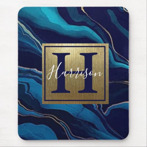 Navy Blue Agate Marble Gold Name and Monogram   Mouse Pad