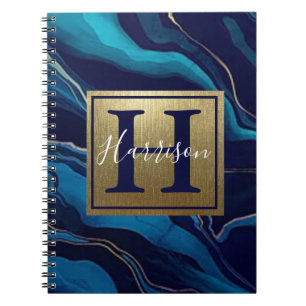 Navy Blue Agate Marble Gold Name and Monogram Notebook