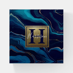 Navy Blue Agate Marble Gold Name and Monogram  Paperweight