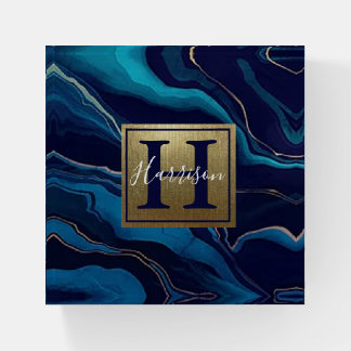 Navy Blue Agate Marble Gold Name and Monogram Paperweight