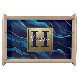 Navy Blue Agate Marble Gold Name and Monogram Serving Tray