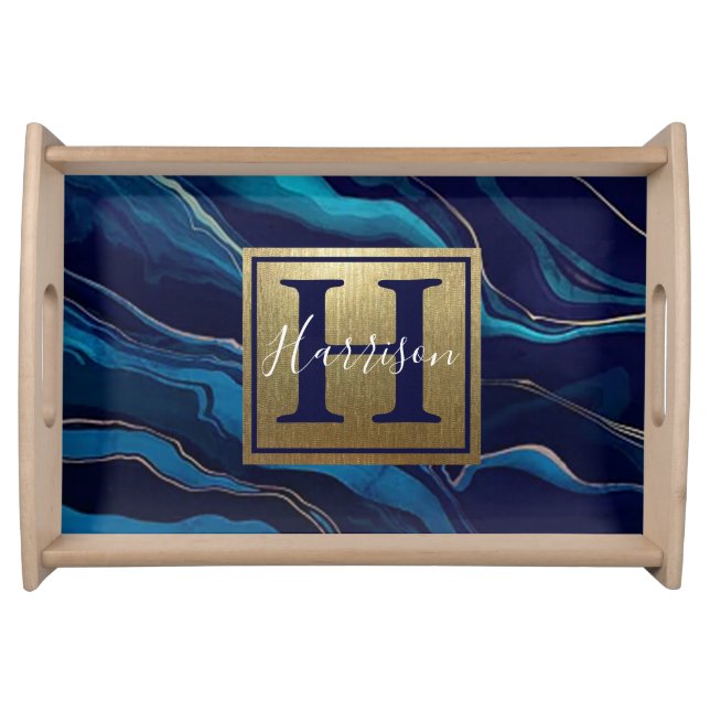 Navy Blue Agate Marble Gold Name and Monogram Serving Tray (Front)