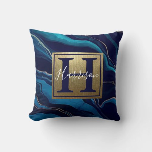 Navy Blue Agate Marble Gold Name and Monogram  Throw Pillow