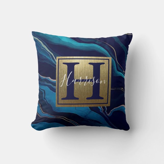 Navy Blue Agate Marble Gold Name and Monogram  Throw Pillow (Front)