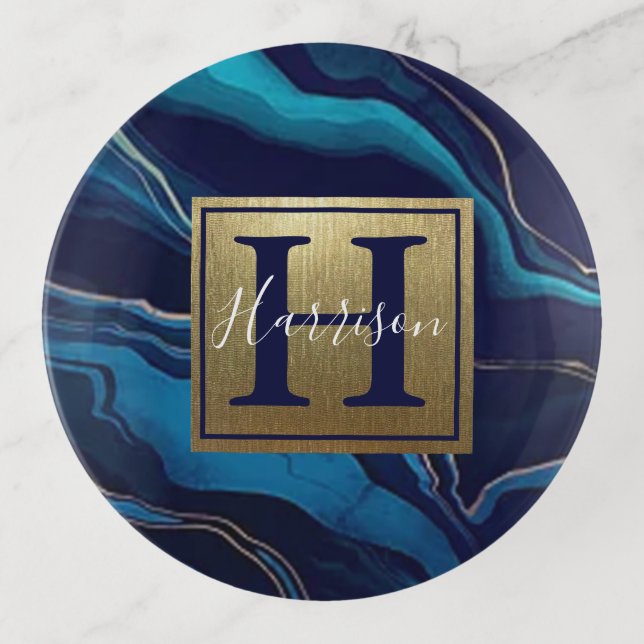 Navy Blue Agate Marble Gold Name and Monogram   Trinket Tray (Front)