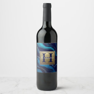 Navy Blue Agate Marble Gold Name and Monogram  Wine Label