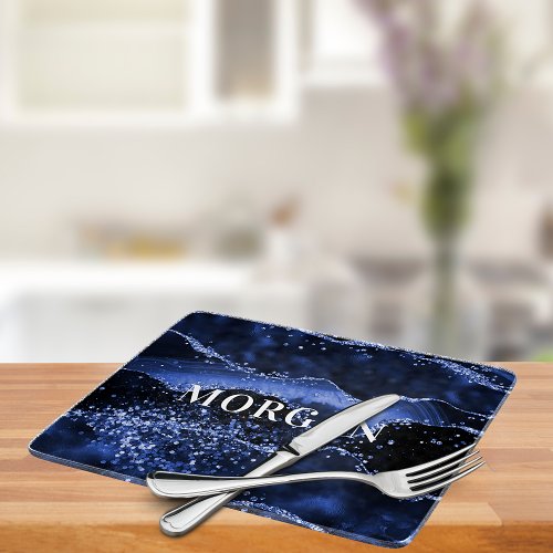 Navy blue agate marble name cutting board