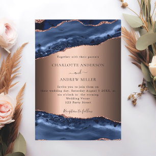 Navy blue agate marble rose gold evening wedding invitation