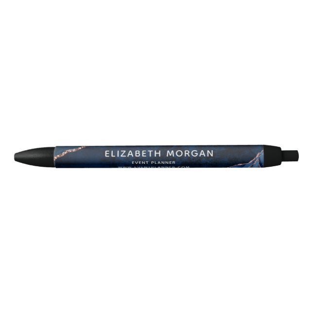 Navy Blue Agate Marble Rose Gold Glitter Name Pen (Front)