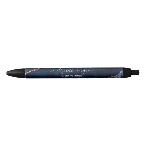 Navy Blue Agate Marble Rose Gold Glitter Script  Black Ink Pen