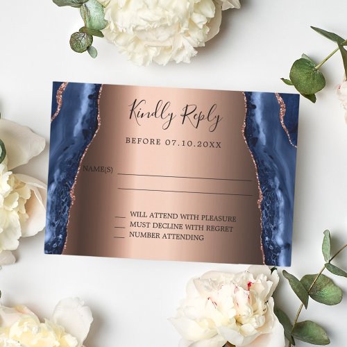 Navy blue agate marble rose gold wedding RSVP card