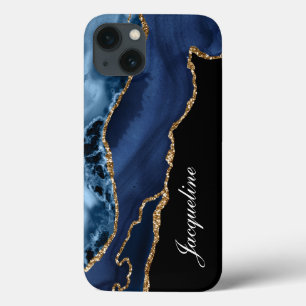 Navy Blue Agate Modern Watercolor Gold Personalize iPhone 13 Case