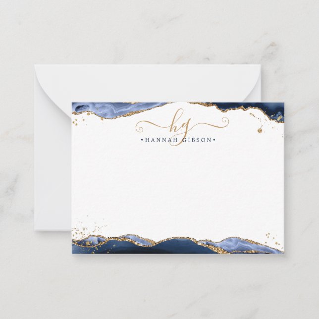 Navy Blue Agate Monogram Fancy Script Gold Glitter Note Card (Front)