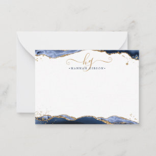 Navy Blue Agate Monogram Fancy Script Gold Glitter Note Card